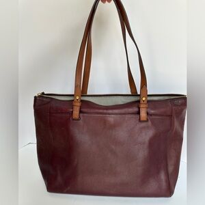 Fossil Burgundy and Tan Genuine Leather Tote